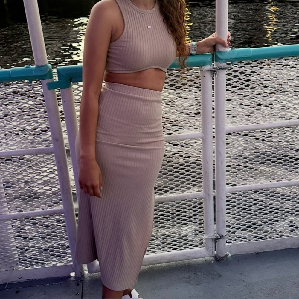 Princess Polly Beige Ribbed Midi Skirt